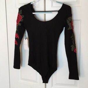 Black Bodysuit with Red Floral Embroidery